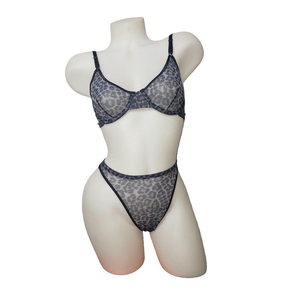 INC Intimates Bra Panty Set Womens Large 36C Blue Black Animal Print Sheer Mesh